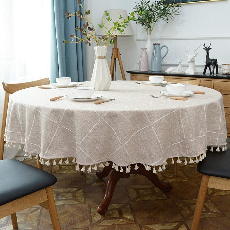 Dimatic Heavyweight Cotton and Linen Tablecloth, Plaid Tassel Round Table Cover, Suitable for Small Kitchen and Dining Room Tables, 30 Inches - 40 Inches in Diameter, Round, Beige - Image 3